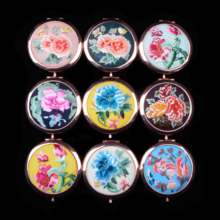 香格里拉化妆随身镜精品出国送礼刺绣中国风古风摄影 手绣镜子